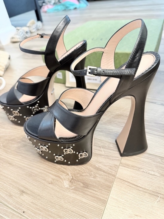 Gucci Shoes - Gucci Black Leather Platform Slingback Sandals with Silver GG Studs